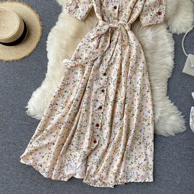 Gufrina Dresses for Women Half Sleeve || Floral Print || V-Neck and Puff Sleeves || Front Open Button & Tie-Up || Midi Dress (Beige M) 3