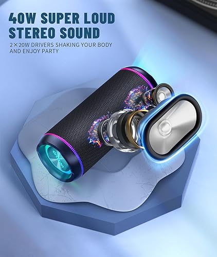 Miniatura 2 de Ortizan Altavoz Bluetooth portátil, sonido fuerte de 40 W y graves profundos, IPX7 impermeable, estéreo inalámbrico verdadero, Bluetooth 5.3, luces
