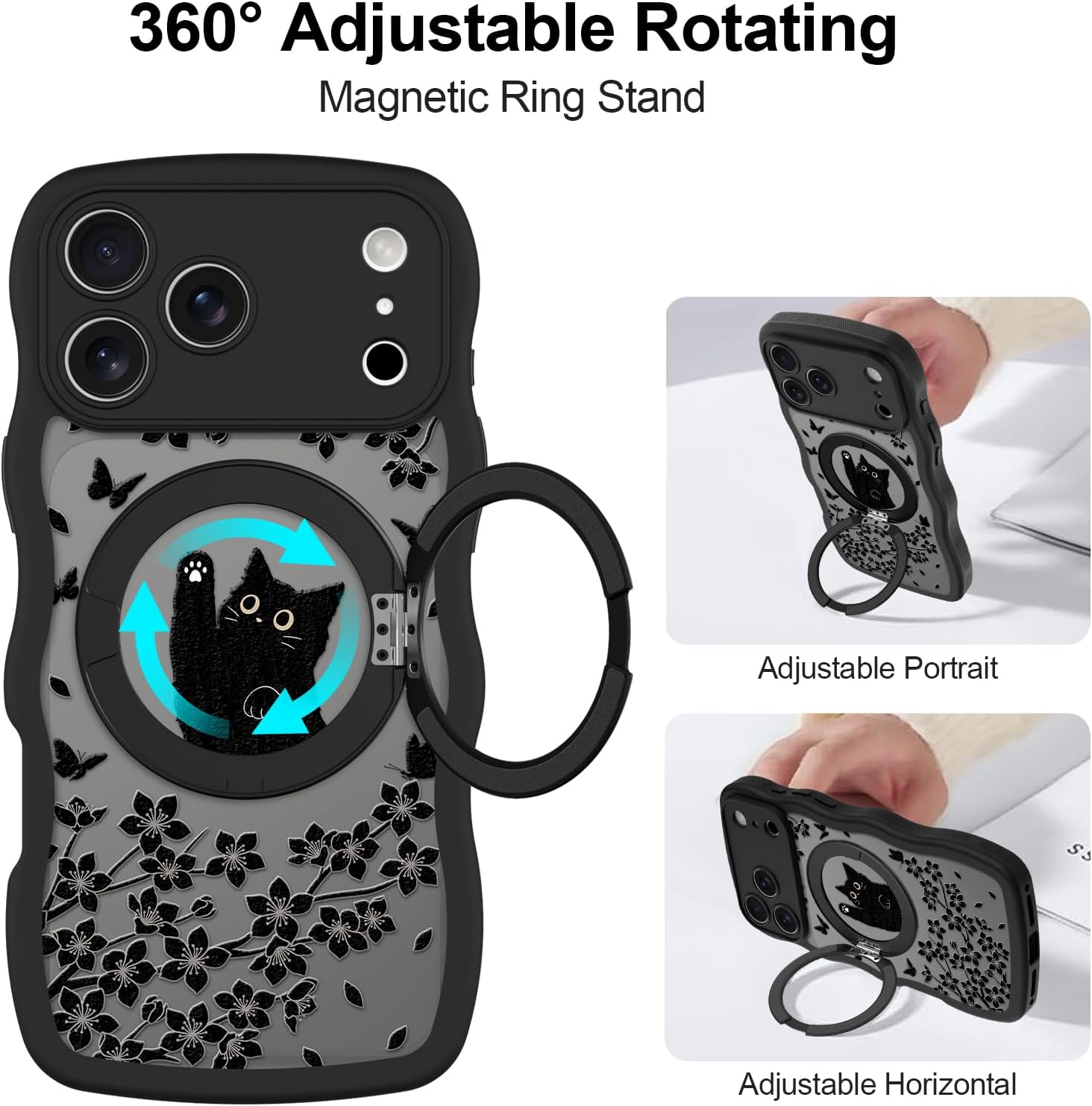 Wavy Case for iPhone 17 Pro Case with Stand [Compatible with MagSafe] Cute Black Cat & Floral & Butterflies Pattern Design, Kawaii 360 Magnetic Ring Kickstand Phone Cover for Women Girls