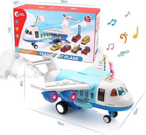 Miniatura 6 de Avión de juguete con humo, luces y sonidos, juguete de avión alimentado por fricción con mini autos para niños, niños y niñas