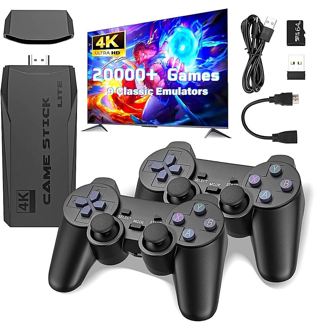 Wireless Console Retro Video Game for TV- 4K Ultra HD |Video Game | Gaming Console| Retro Game Stick |Built-in 21000 +TV Game, 64Gb,9 Emulators|Dual-Player Setup