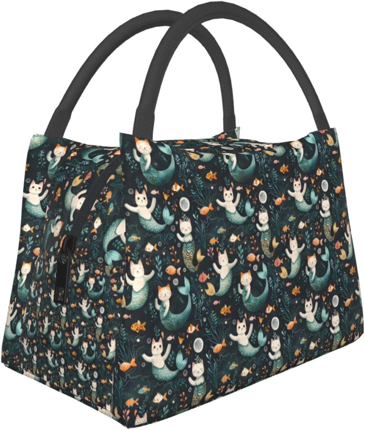Playful Mermaid Cat Reusable Lunch Box, Cute Kitten Fish Lunchbox for Girls Women, Insulated Lunchbag, 11in*6.3in*6.7in, Gifts Makeup Bag, Portable Handbag for Picnic Work Travel Beach Hiking