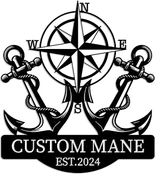 Custom Anchor Metal Wall Art, Personalized GPS Anchor Compass Wall Art, Personalized Nautical Name Sign, Boating Metal Sign, Wall Hanging Decor Style-1