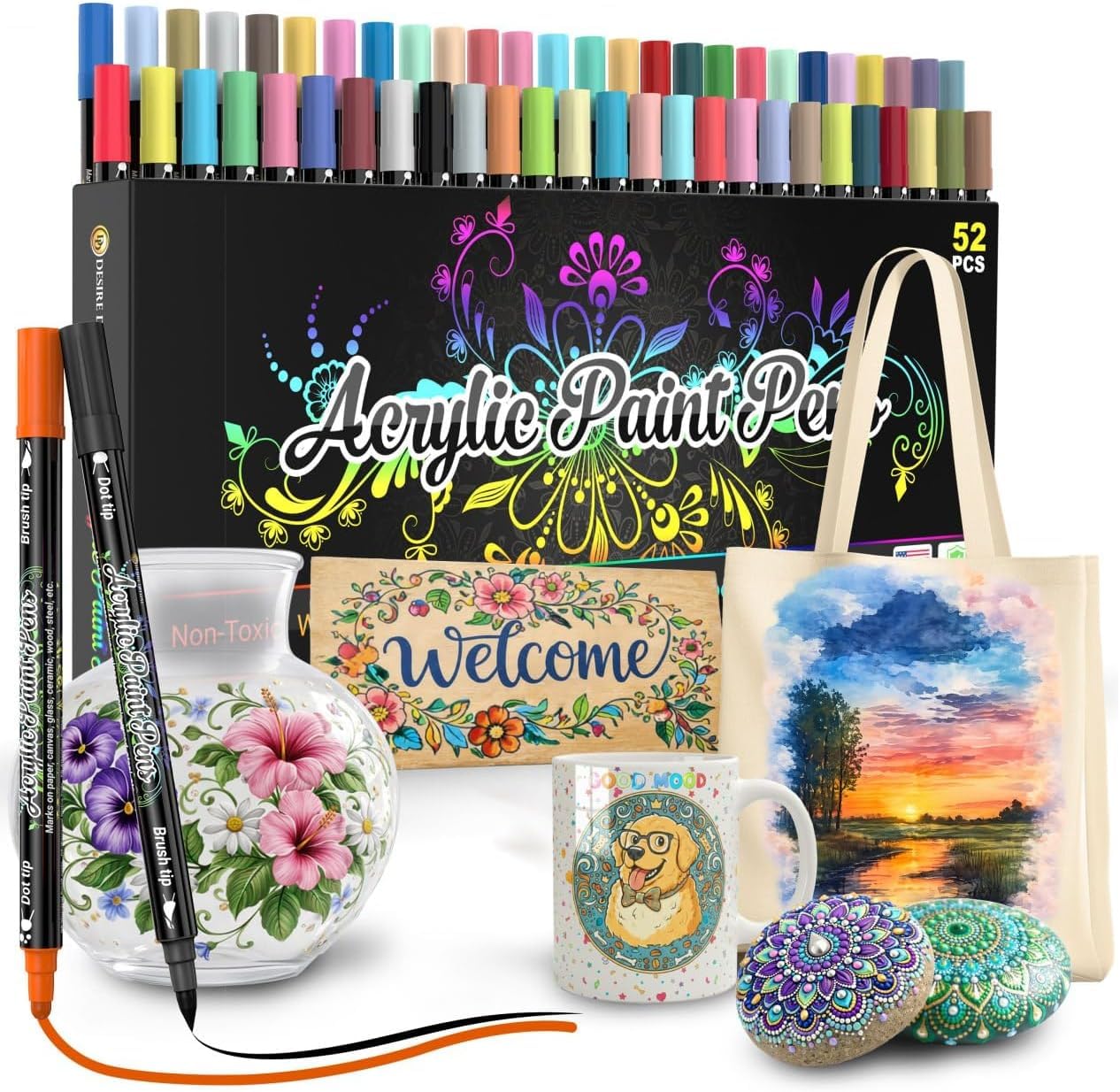 Desire Deluxe Acrylic Paint Pens for Rock Painting, Stone, Ceramic, Glass, Wood, Canvas – Set of 52 Non Toxic Water Based Markers - Great Artists Painting Supplies