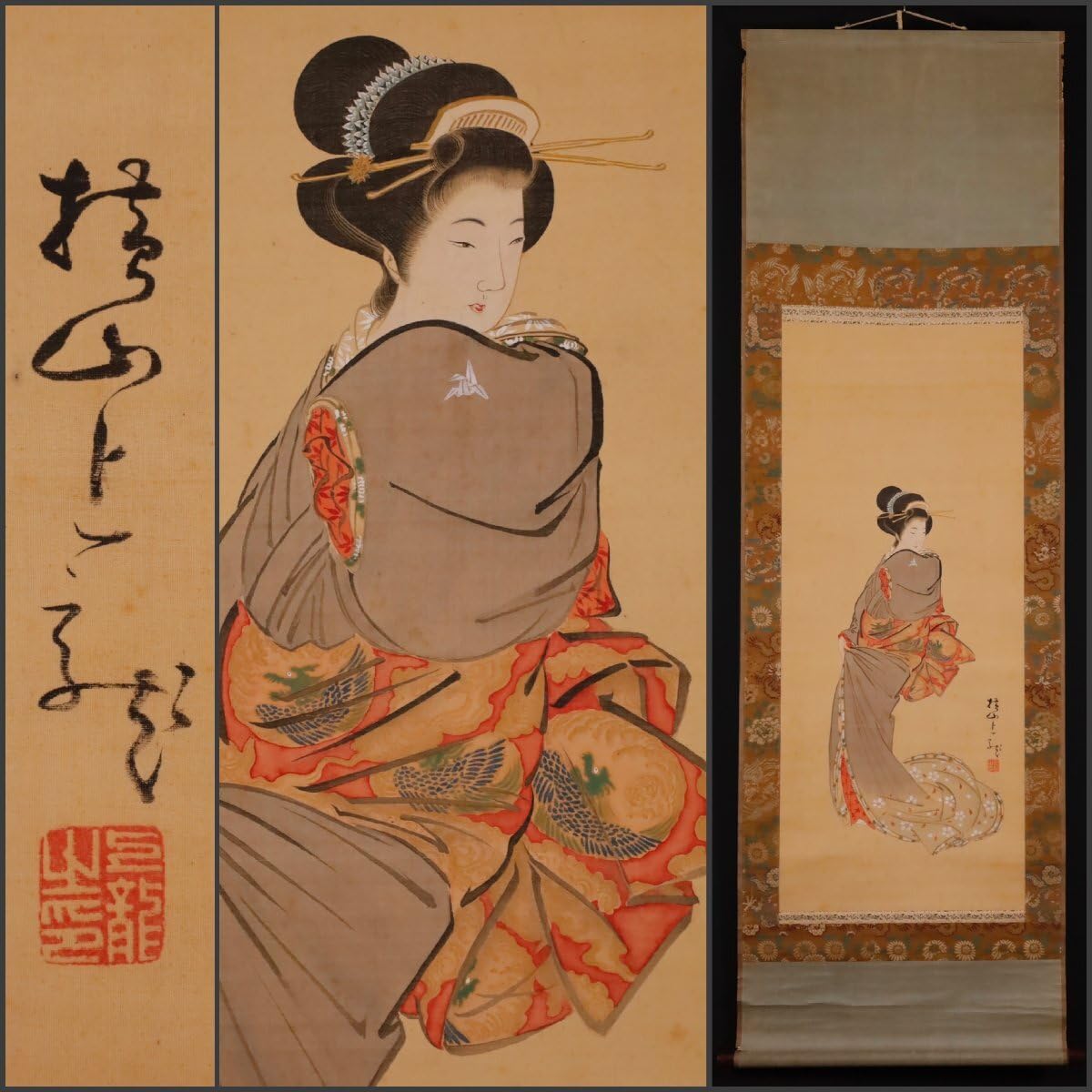 【真作】戴山/桜下美人図/美人画/浮世絵/掛軸/名家伝来/AC-144 真作】戴山/桜下美人図/美人画/浮世絵/掛軸☆宝船☆AC-144の通販