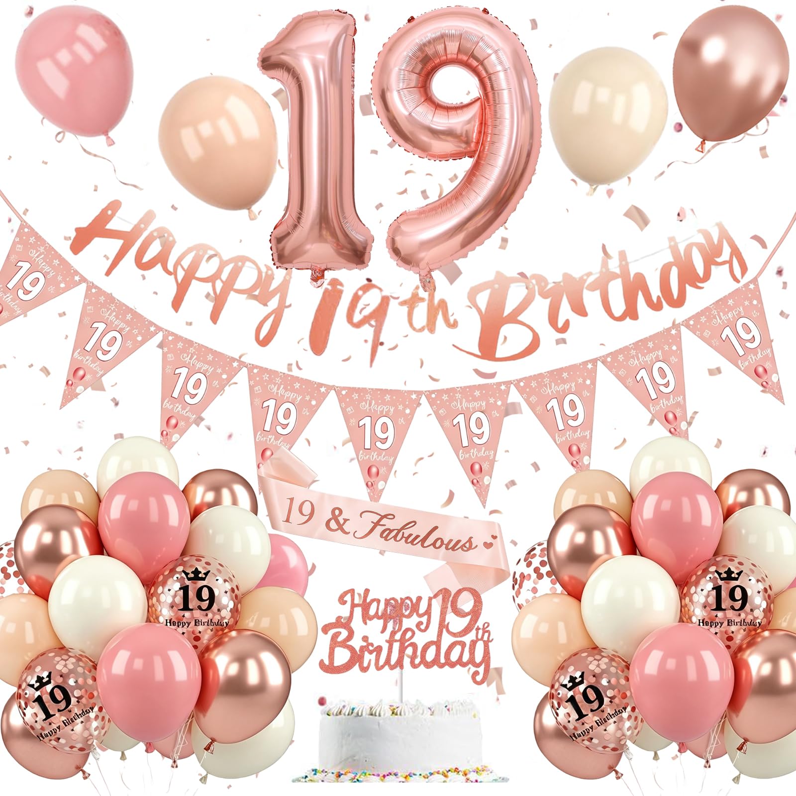 19th Birthday Decoration for Girls,19th Birthday Decoration with Retro Pink Rose Gold Balloons,Happy 19st Banner, Cake Topper, Number 19 Foil Balloons for Girls Party Decoration — image 1