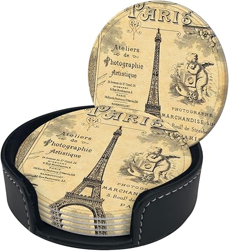 Miniatura 3 de Juego de 6 posavasos de cuero antideslizante con diseño de la Torre Eiffel con borde vintage, perfectos para taza de café de vidrio de tamaño común