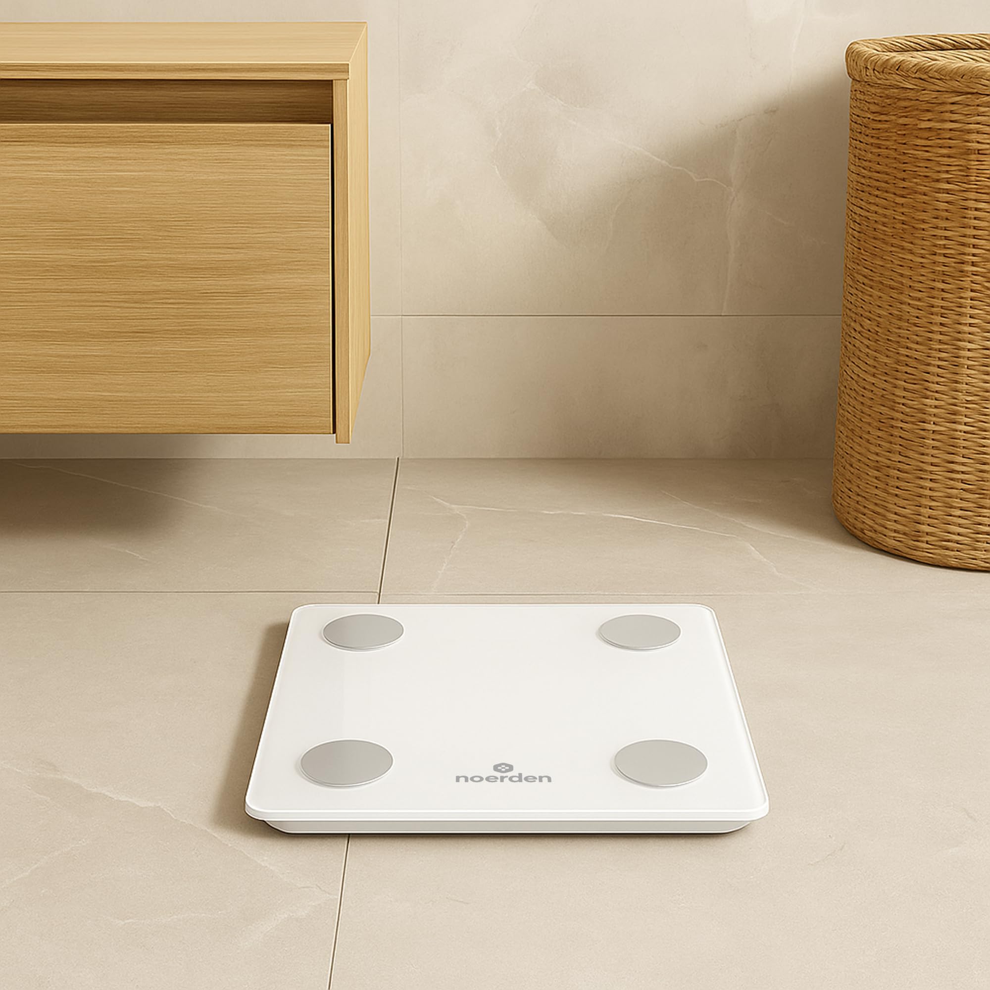NOERDEN - Báscula Inteligente VITA - Báscula de Peso Corporal - Tecnología Step-On, Bluetooth, Pantalla LED y Vidrio Templado - Analiza 13 Métricas Corporales - Blanco