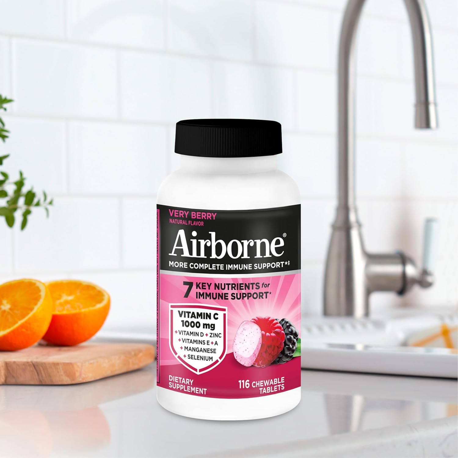 Airborne Vitamin C 1000mg (per Serving) - Very Berry Chewable Tablets (116 Count in a Bottle), Gluten-Free Immune Support Supplement, with Vitamins A C E, Zinc, Selenium, Ginger, Antioxidants - Image 11