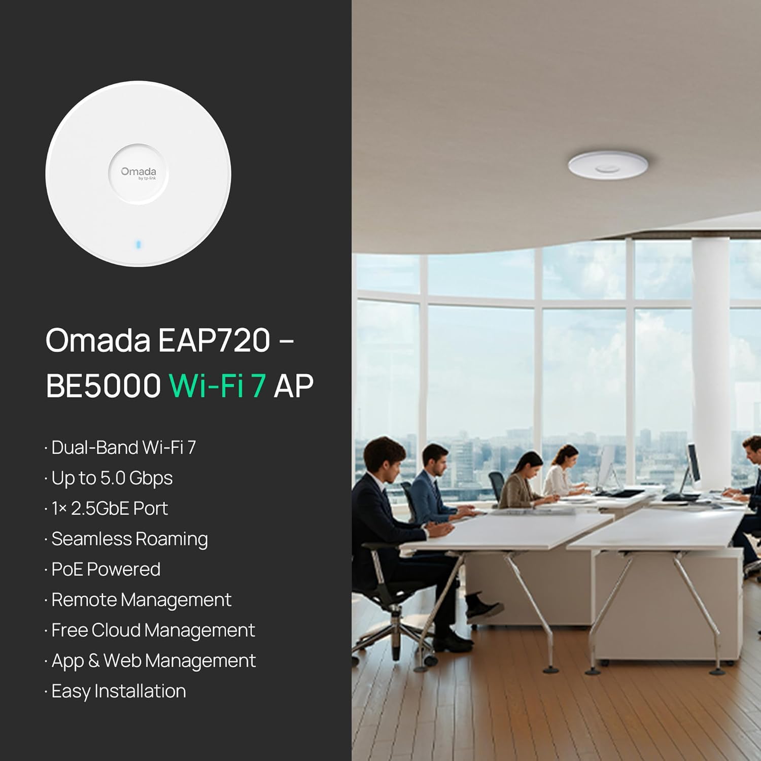 TP-Link Omada WiFi 7 Wireless Access Point - BE5000 Dual Band, 2.5G Port, PoE+ or DC Powered, DC Adapter Included, 5yr Warranty, Captive Portal, Mesh, WPA3, Roaming, Business WiFi Experience(EAP720)
