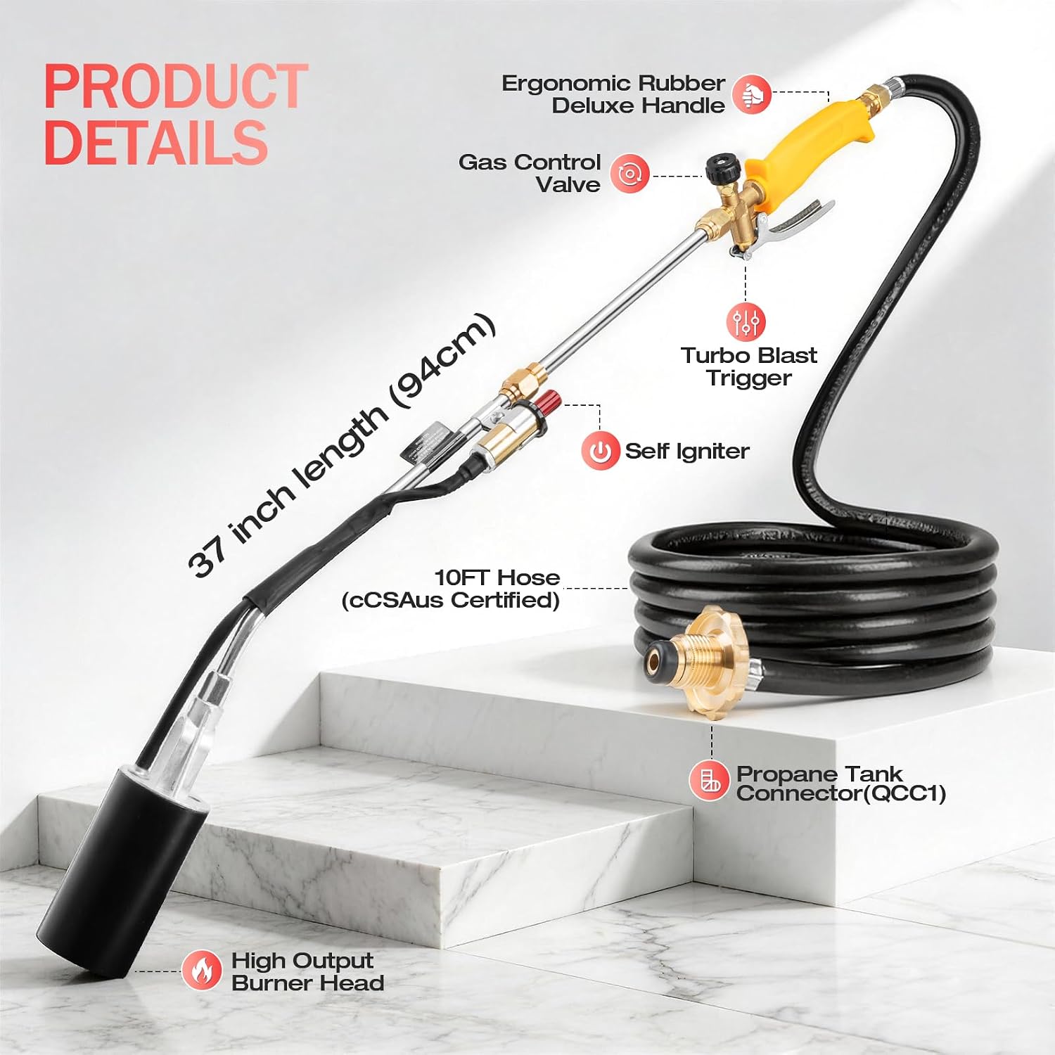 Propane Torch Weed Burner,High Output Flamethrower for Weeding, Ice Melting & Asphalt,Long/Short Detachable Design with Self Igniter&10FT Hose,Heavy Duty Weed Burner Torch for Farm,Garden & Roofing