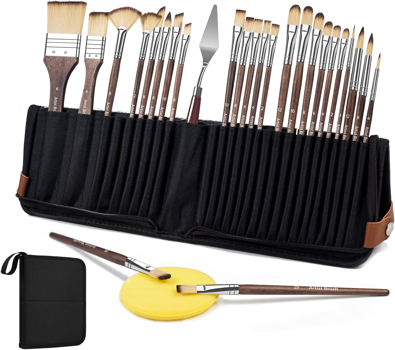 27pcs Paint Brush Set with Travel Storage Pouch, Professional Acrylic & Watercolor Brushes with Flat, Filbert, Fan, Dagger, Cat Tongue, Round, and Palette Knife for Oil, Face Painting