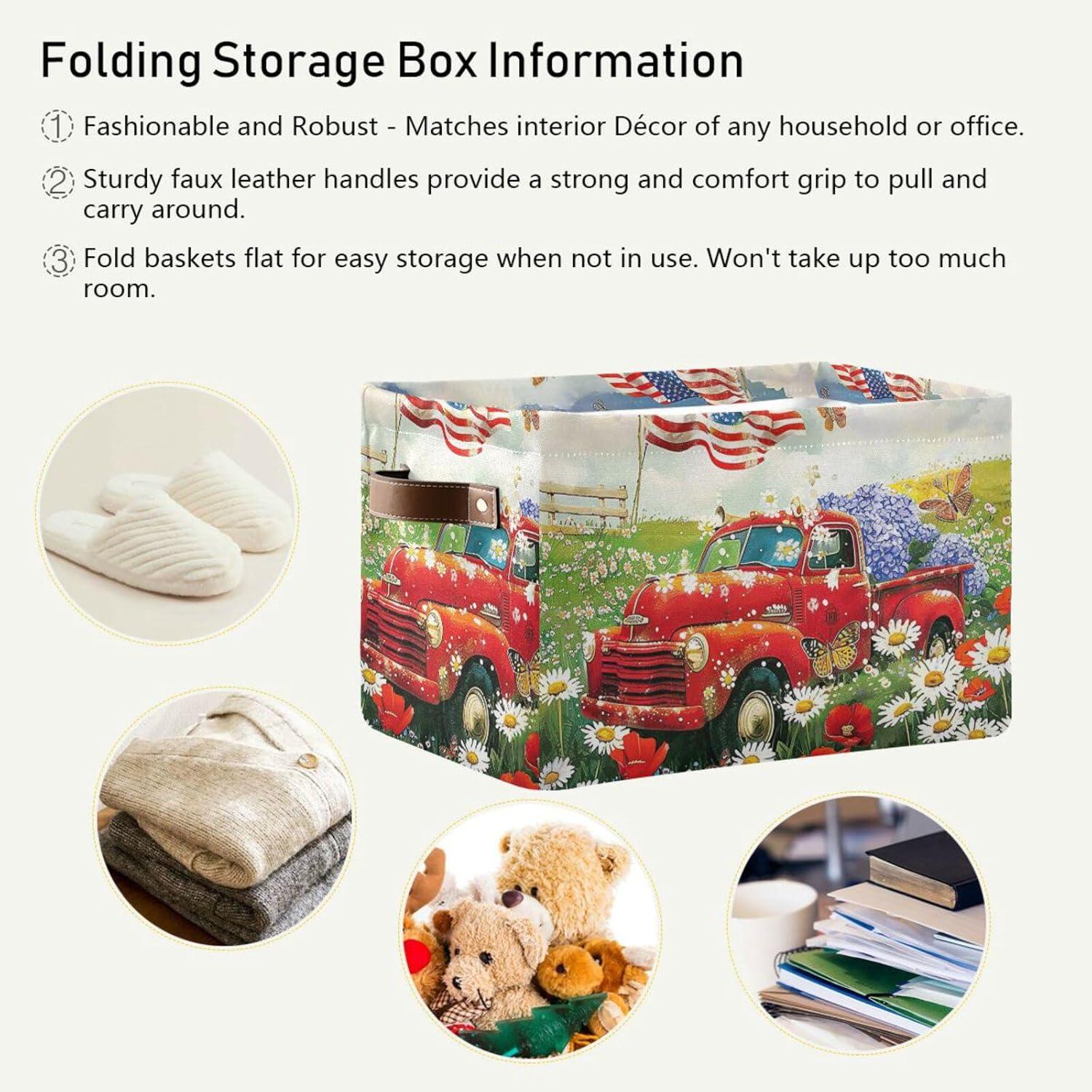Wusikd Spring Truck Storage Basket Set of 1 Large Fabric Flowers Storage Basket Bins Box Cube with Handles Collapsible Closet Shelf Clothes Organizer Basket for Nursery Bedroom
