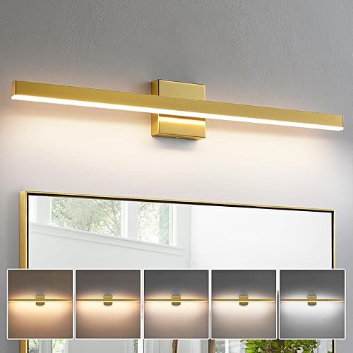 KAISITE Lámpara de tocador moderna dorada para baño, lámpara sobre espejo de 32 pulgadas, regulable, barra LED 5CCT, luz de tocador para baño y baño