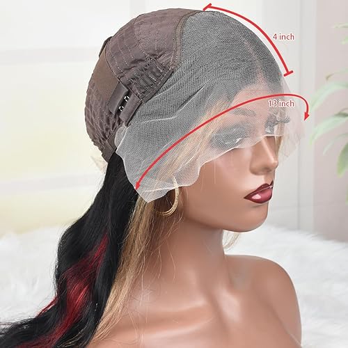 Miniatura 9 de Peluca de cabello humano con reflejos rubios rojos y negros, pelucas de cabello humano con encaje frontal transparente de 13 x 4 pulgadas,