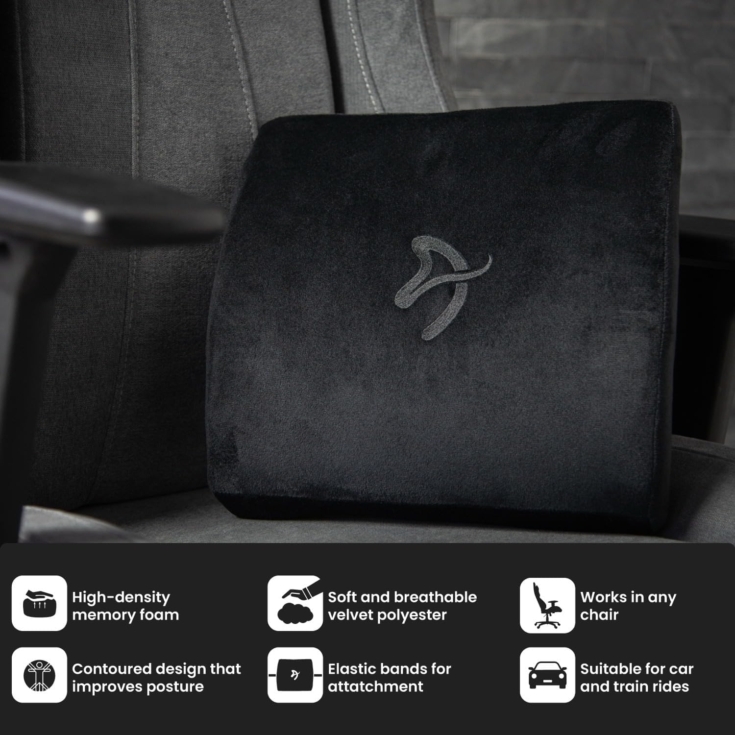 Arozzi Memory Foam Lumbar Support Pillow Relieves Backache and Fatigue After Long Periods of Sitting Down Working or Gaming - Black