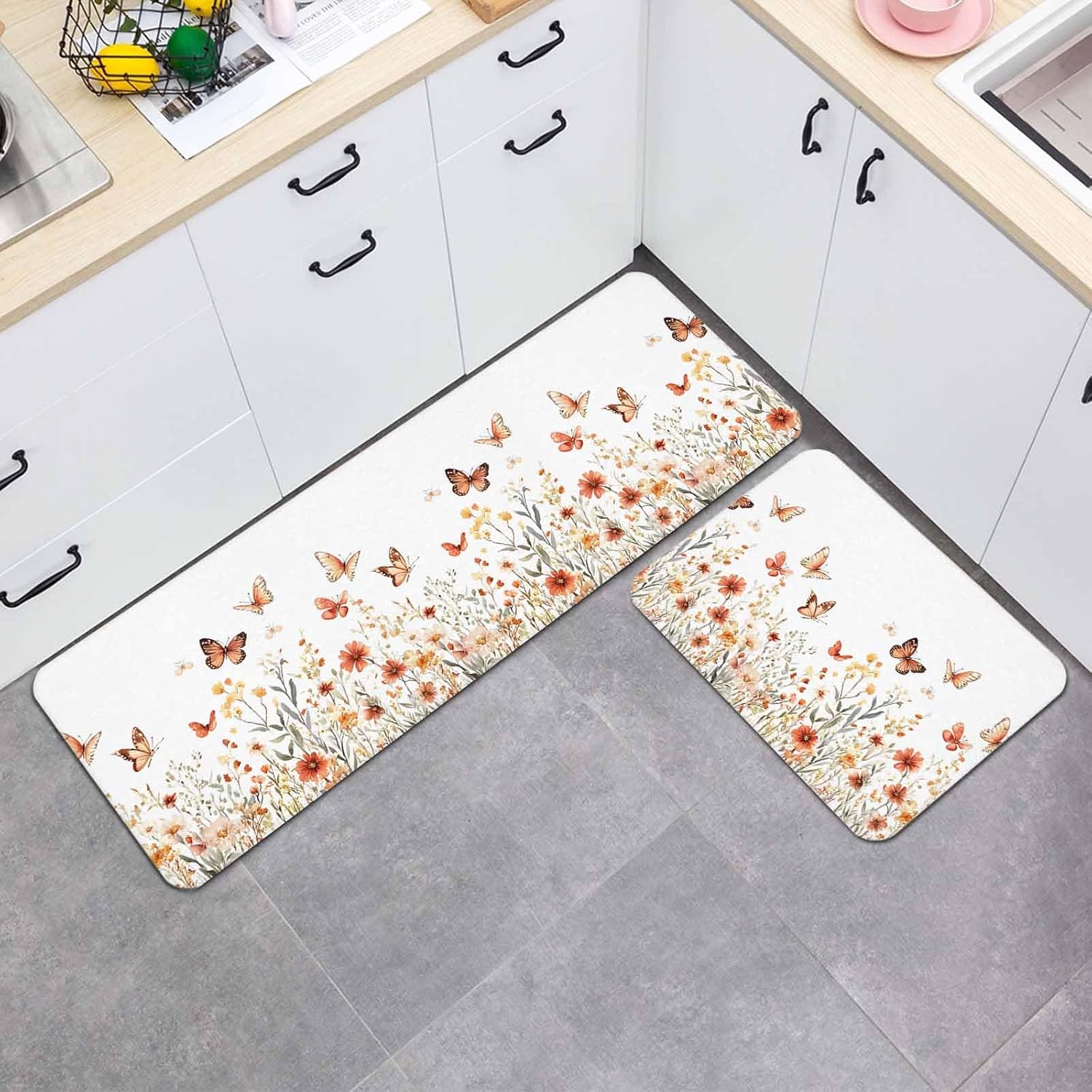 Prime Leader Orange Flower Kitchen Mat Set 2 Pieces Watercolor Butterfly Wildflower Pastoral Style Non Slip Kitchen Rugs Washable Runner Rug Mats for Sink Laundry (19.7" x 31.5"+19.7" x 47.2")
