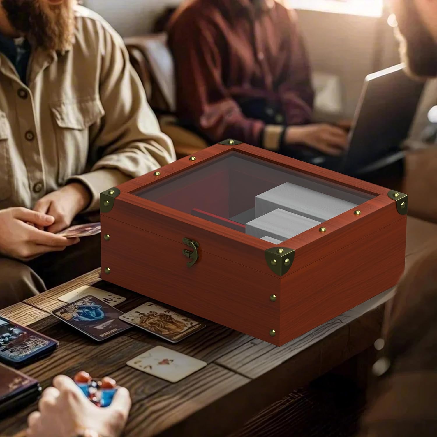 Waldauge Wooden Storage Box for Trading Card, MTG Deck Case Holds 2400+ Gaming Cards, Fit for TCG and Sports Cards, 3-Row Wooden Holder Organizer with 3 Protective Foam Stoppers