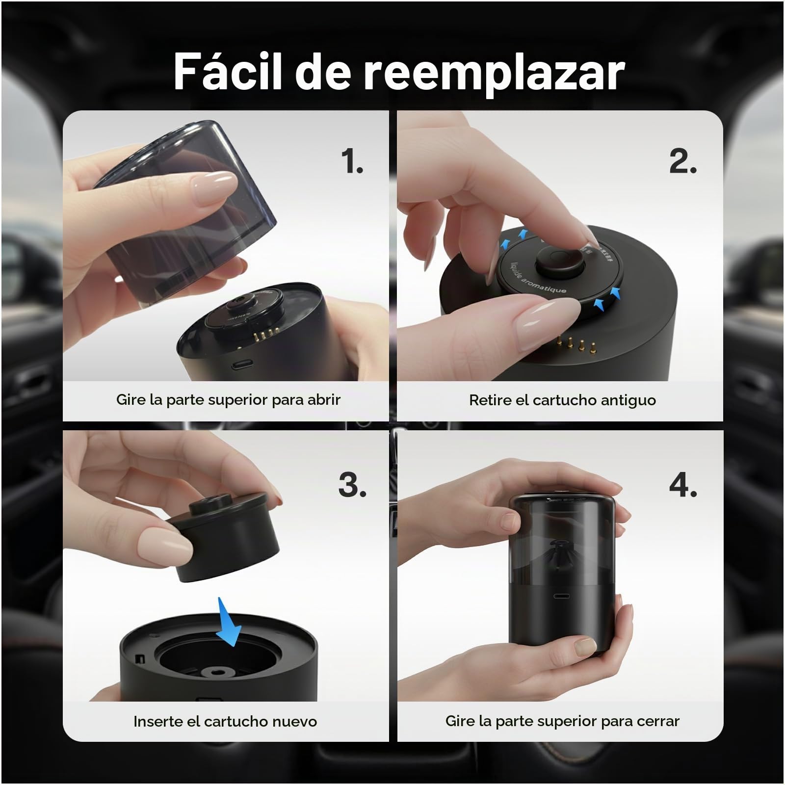 Difusor de Ambientador para Coche con Aroma Blue Ocean de MMOBIEL – Difusor de Coche con 2 Modos de Pulverización, 4 Niveles Intensidad, Encendido/Apagado Automático y Cable – USB/Batería – Sin Llama