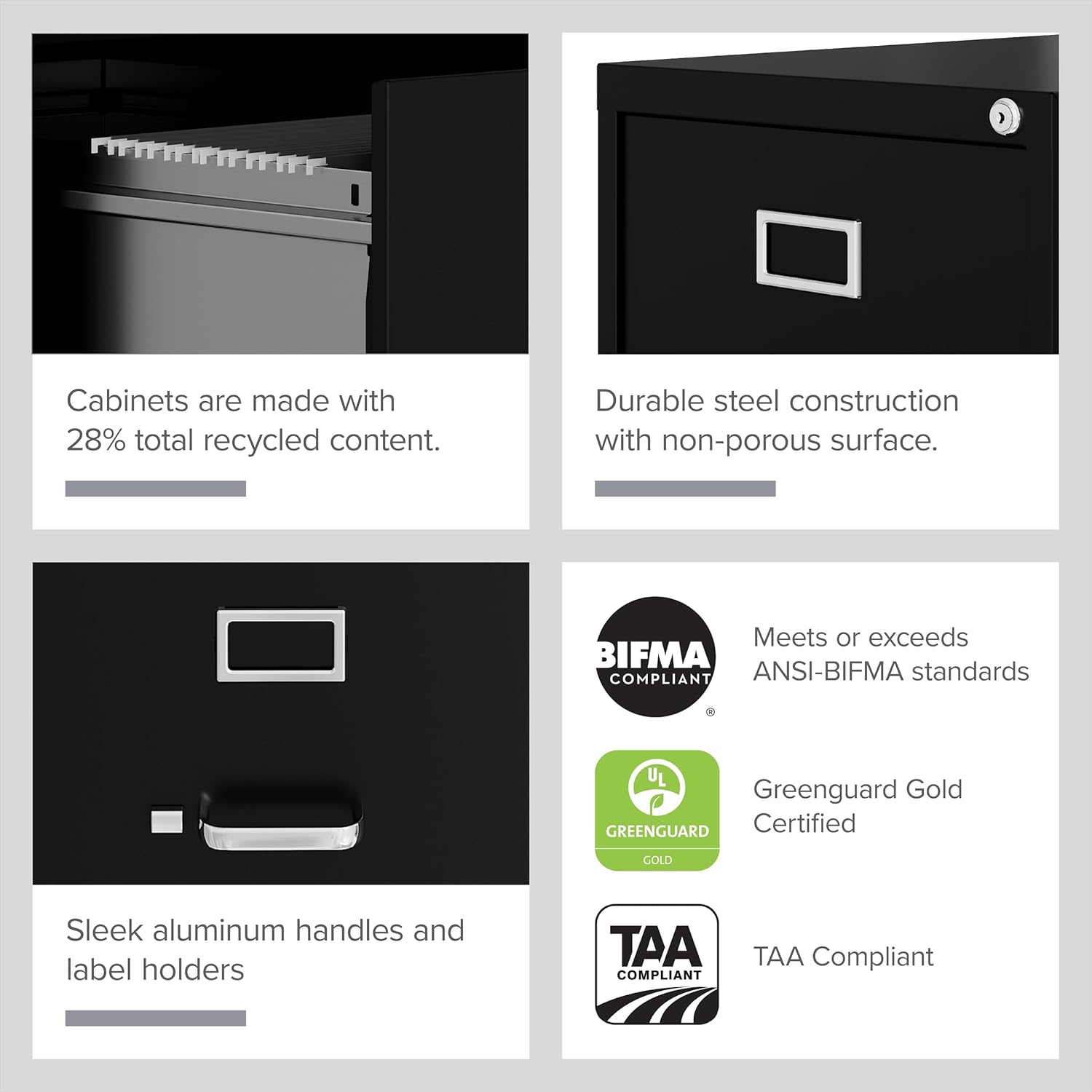 Hirsh 22" Deep 4 Drawer Letter Width Fully Assembled Steel Vertical File Cabinet, Commercial Grade Heavy-Duty, Locking, Black