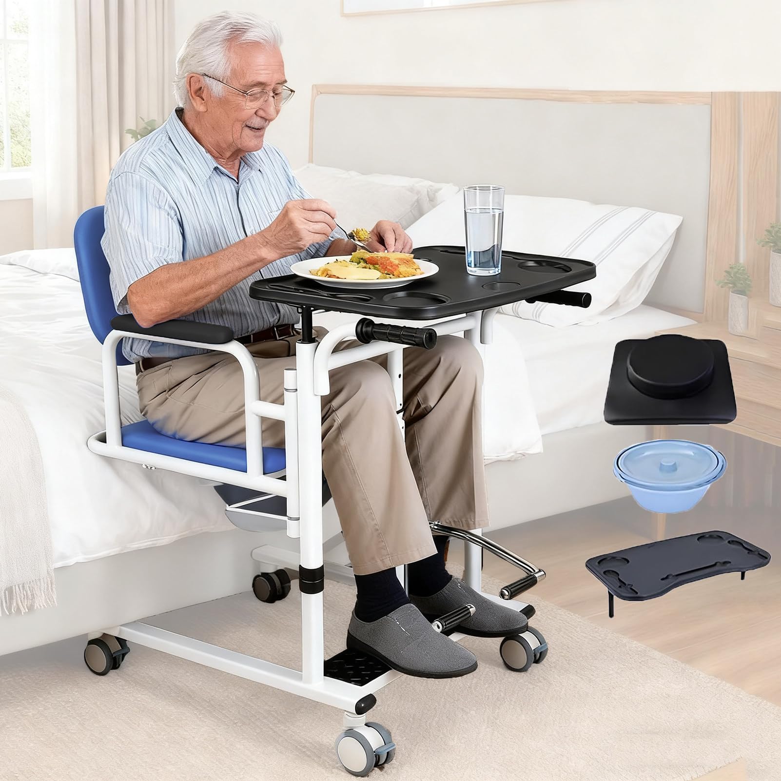 Patient Lift Transfer Chair for Home, Hydraulic Aid 180°Split Seat, Height-Adjustable Nursing Shower Wheelchair for Seniors Handicapped Blue