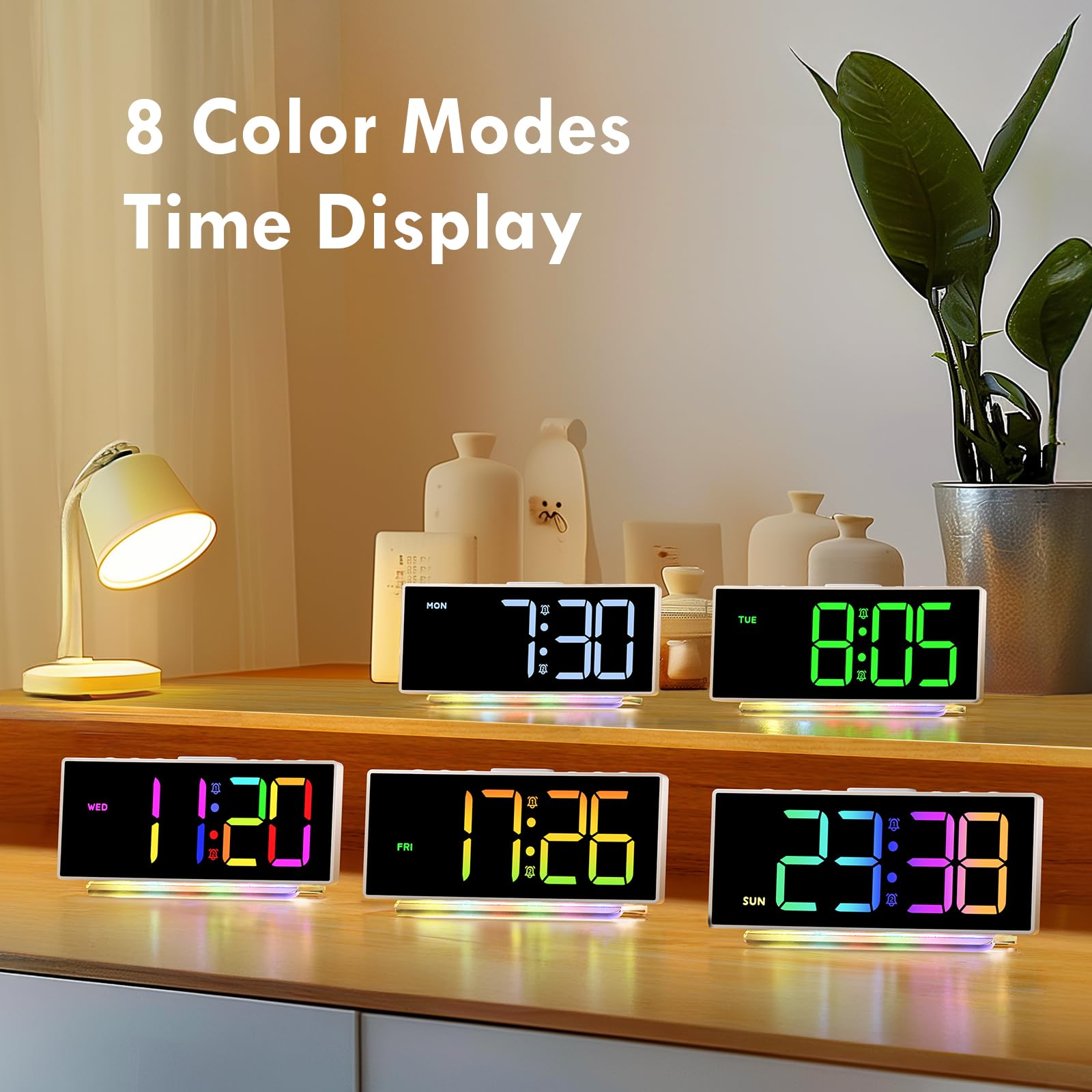 HERMIC Sveglia da Comodino, Sveglia Digitale con Display 8 Colori, Snooze, 2 Allarmi, 4 Livelli di Luminosità, Luce RGB 7 Colori, Volume Adattabile, Alimentato da rete (Adattatore Incluso)