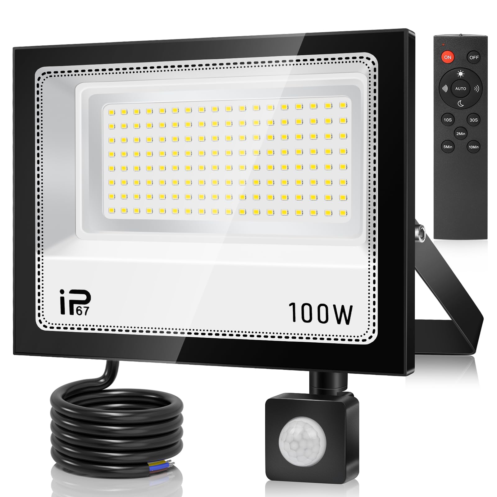 100W Foco LED Exterior con Control Remoto,10000LM Focos LED Exterior con Sensor de Movimiento,7000K LED Foco con Sensor, IP67 Impermeable Luz LED con Sensor de Movimiento, para Gardín,Patio,Garaje