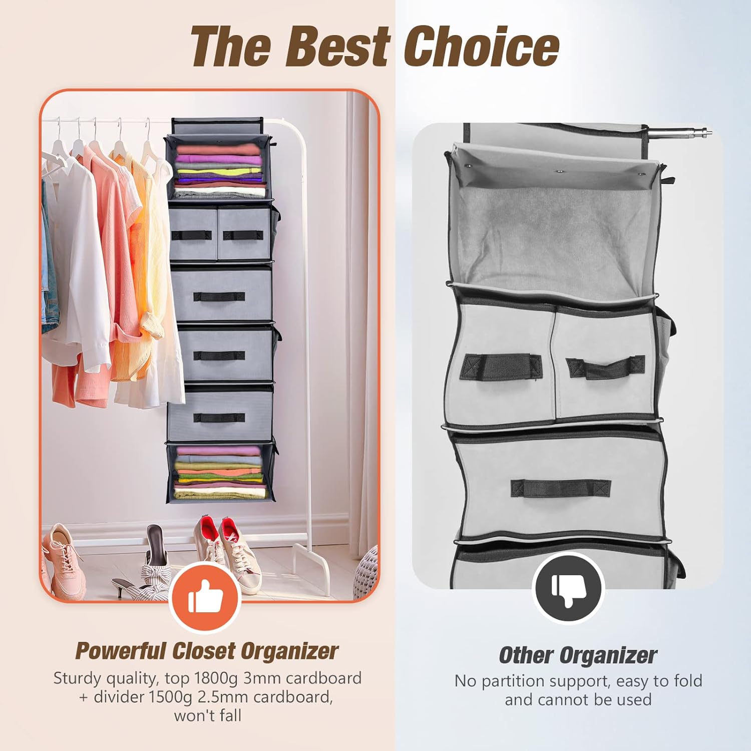 6-Shelves Hanging Closet Organizer with 5 Different Drawers, Foldable Closet Organizers and Storage for Wardrobe, Closet& RV, Baby Clothes Clothes and Accessories Storage Organization,Grey