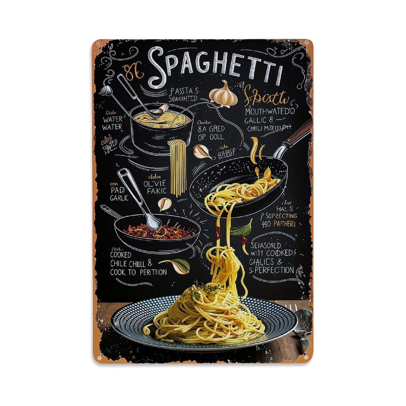 Jdyaojiesheng Vintage Spaghetti Pasta Garlic Chili Olive Tin Sign Retro Metal Wall Decor Metal Poster, Home Bar Garage Farmhouse Cafe Wall Art Decoration 8X12inches