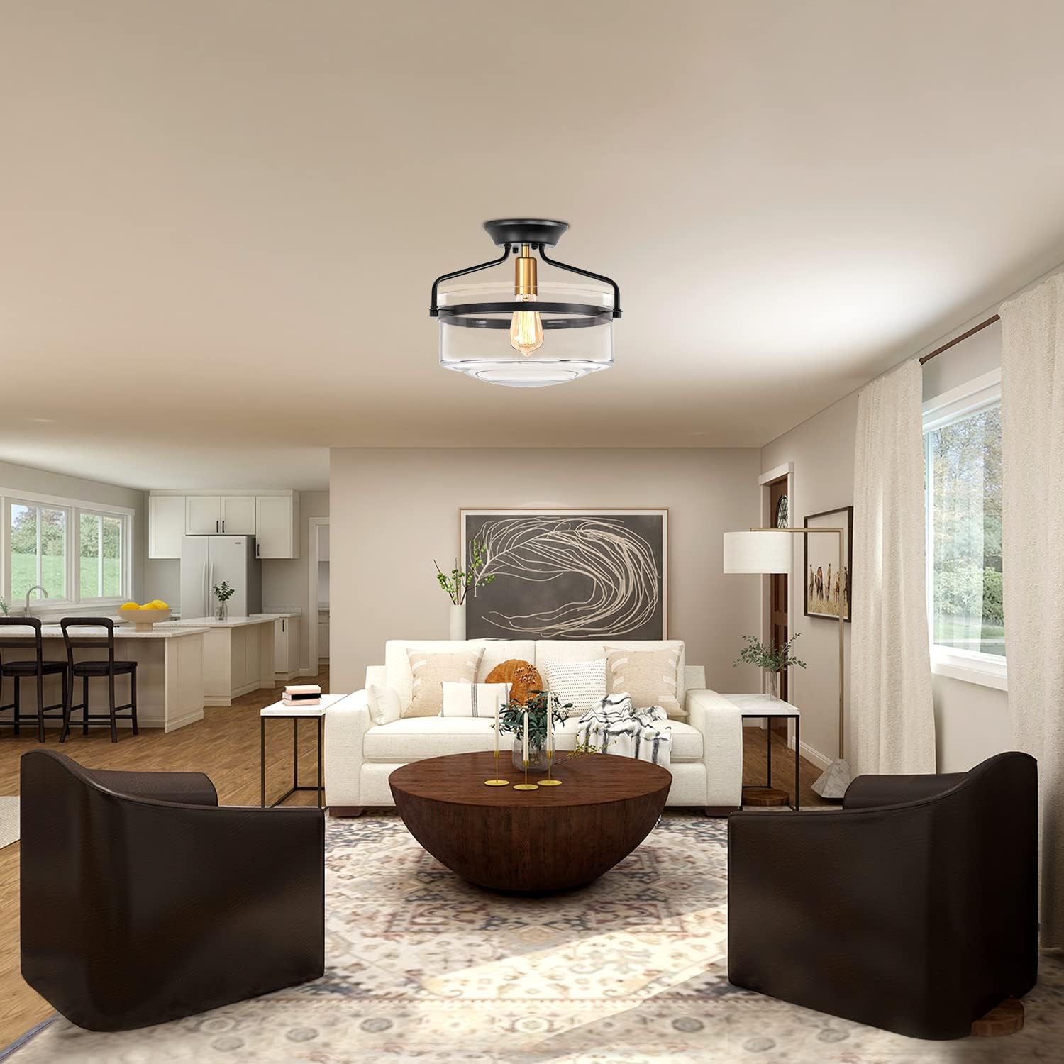 Semi Flush Mount Ceiling Light, 14.2" Modern Farmhouse Light Fixtures for Porch Hallway Kitchen Bathroom Living Room, Black Ceiling Light Fixture with Clear Glass Shade and Brass Socket