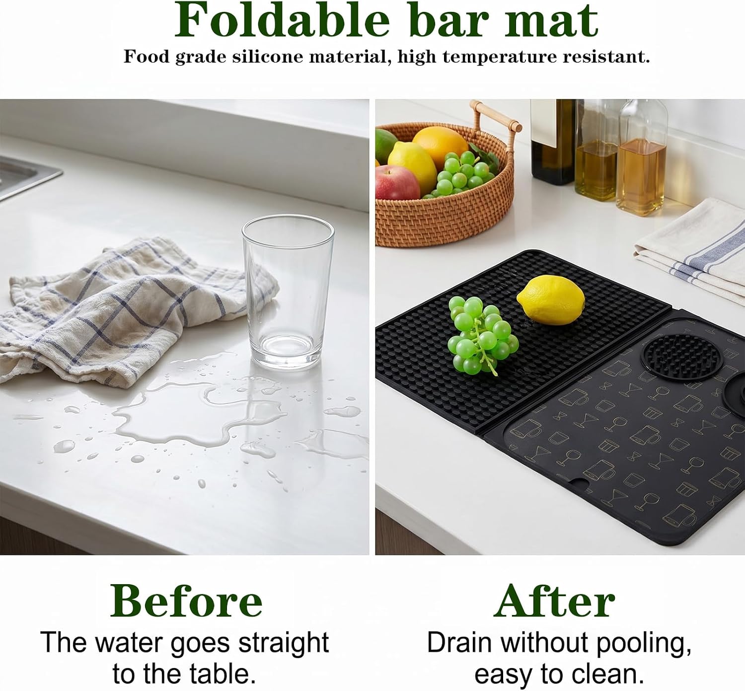 MAQUITA 3-Piece Cocktail Mats with Cutting Board, Small Foldable Bar Mat for Countertop, 18" X 11.8" Multifunctional Bar Mat Set with 2 Salt Rim Trays Black Silicone Cutting Mats for Home