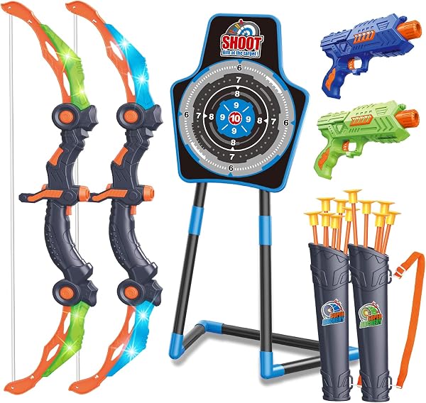 SpringFlower 2 Bow and Arrow Sets with LED Light-up,2 Foam Dart Guns for Kids 5 6 7 8 9 10+ Years Old, Archery Set with