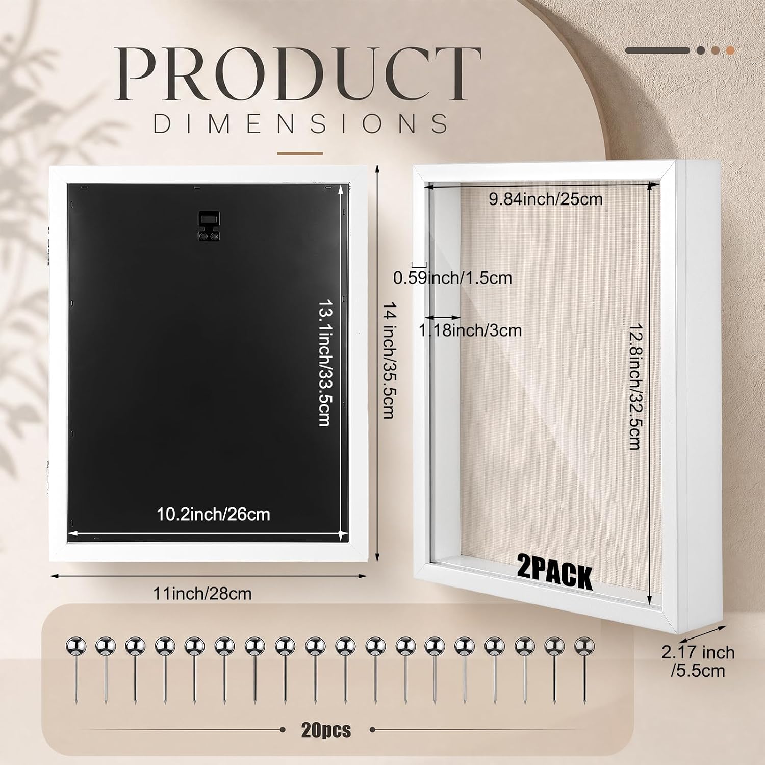 Novabright 2 Pack 11x14 Shadow Box Frames, Deep White Wood Boxes Linen Back