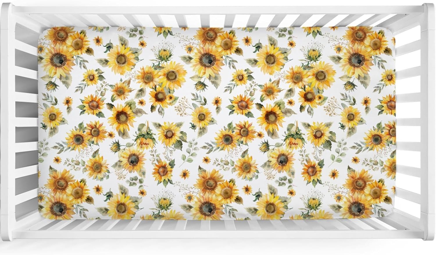 Watercolor Yellow Sunflowers Baby Crib Sheet 52''x28'' Boho Sunflowers Leaves Stretchy Fitted Crib Mattress Covers for Boy Girl Summer Wild Floral Soft Baby Sheets for Standard Crib Toddler Mattress