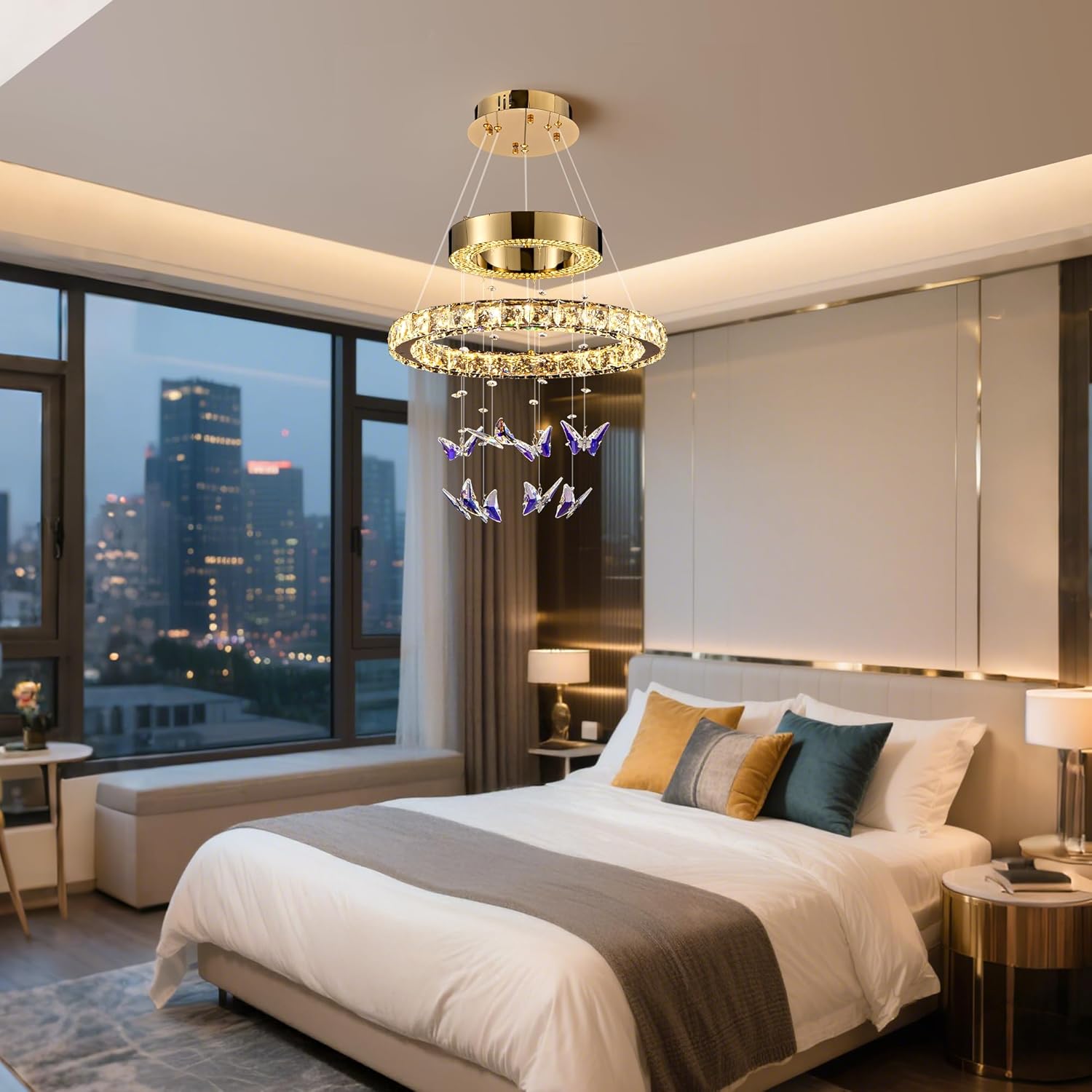 D 18" LED Gold Crystal Butterfly Chandelier, Dimmble LED Light Fixtures with Remote, Gold Modern Round Ring Crystal Chandeliers, for Dining Room, Kitchen Island, Entryway, Living Room, Bedroom