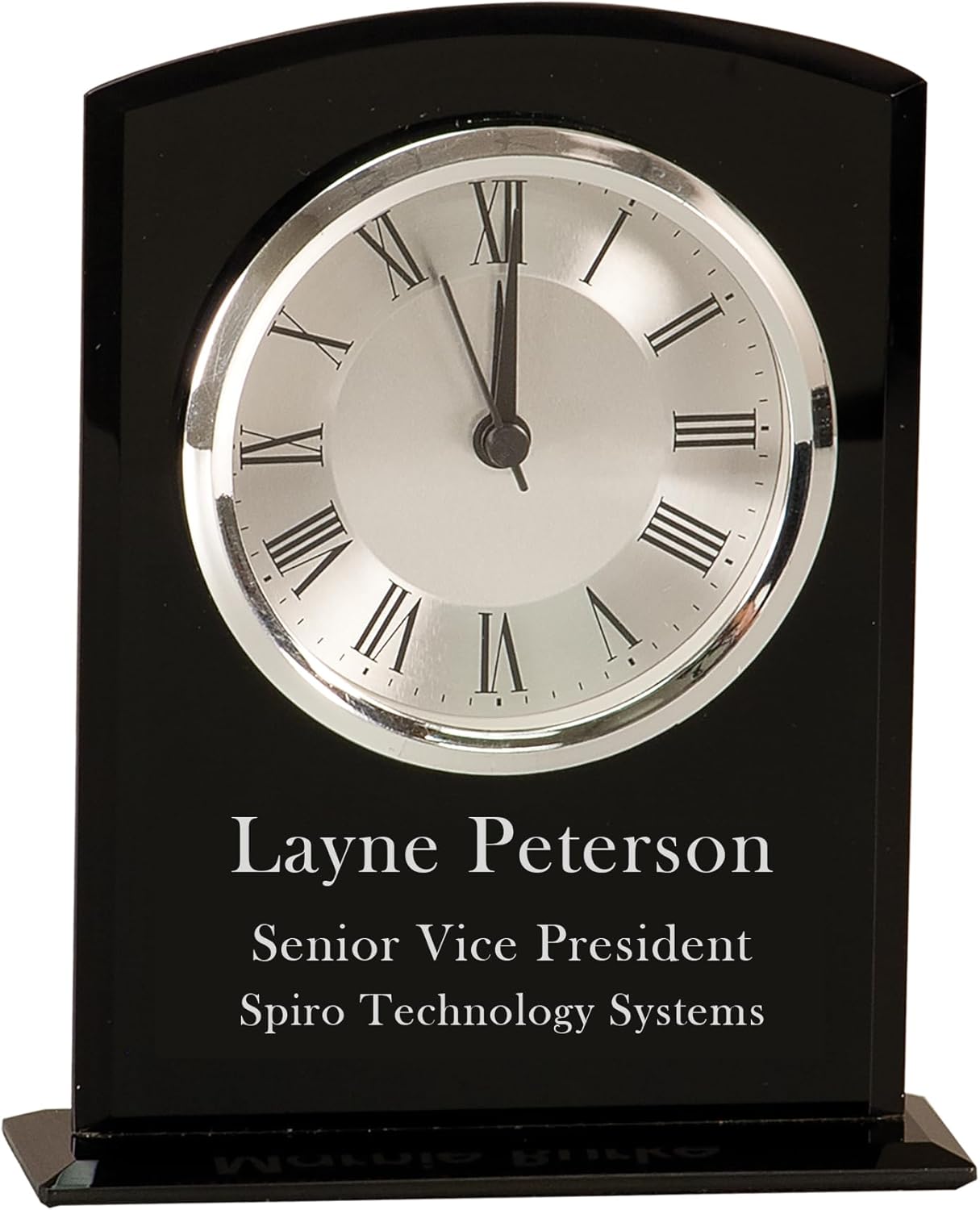 Personalized 6 1/4" Arch Black Glass Clock, Custom Engraved Battery Operated Black Desk Clock for Employee Appreciation, Recognition, Retirement Awards and More