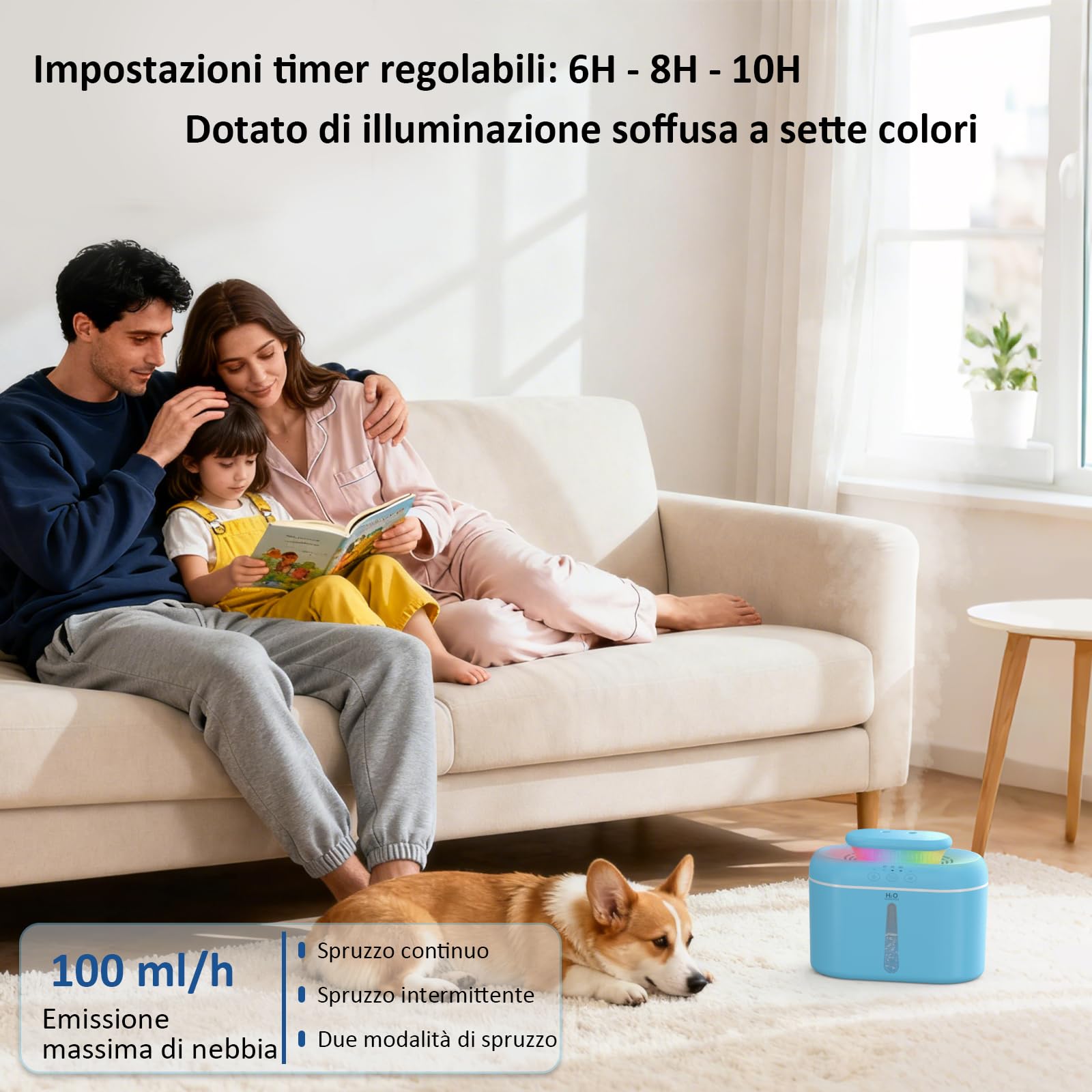 LKV Umidificatore, 2L Umidificatore Ambiente Bambini con Ugello a due vie con Timer Funzione di Autospegnimento e Luce Notturna Silenzioso, Humidifier casa per Bambini Piante e uso Domestico, Blu