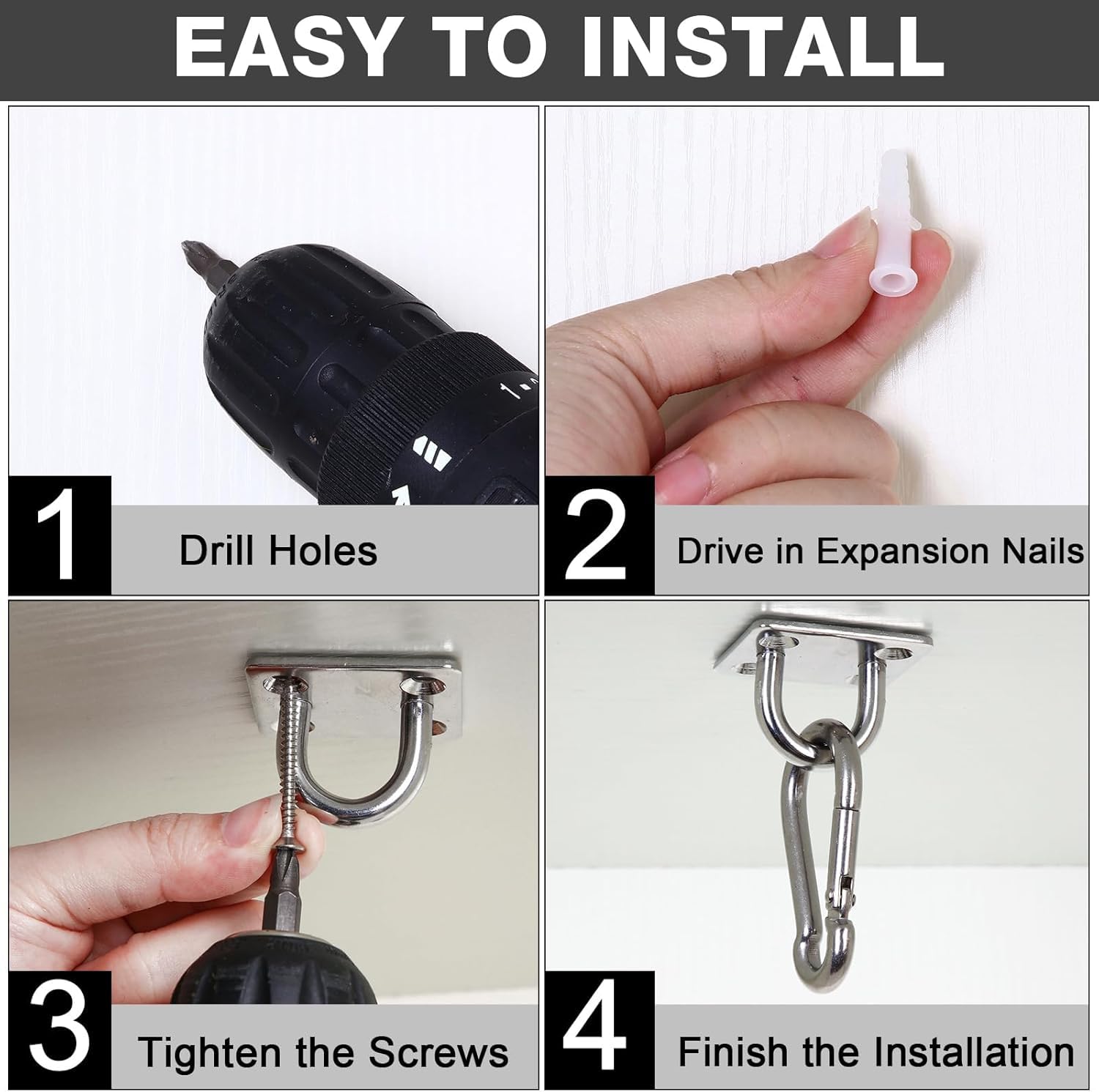 Greluma 4 Pzs Gancho de anillo de grapa con placa de ojo de almohadilla resistente con forma U para toldo de vela-Ganchos para hamaca de techo y pared M5 para suspensión columpio-Acero inoxidable 304