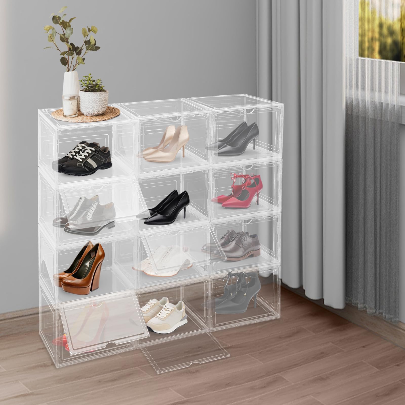 Juego de 12 cajas de zapatos apilables, transparentes, polipropileno y acrílico, ahorran espacio, fáciles de limpiar, ideales para zapatillas deportivas, zapatos, almacenamiento