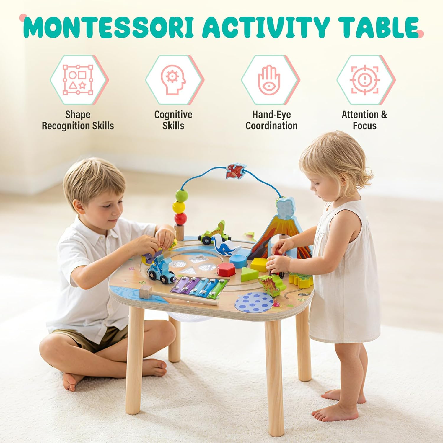 Wooden Activity Table for Toddlers 1-3 Year, 9-in-1 Montessori Activity Table with Adjustable Height, Train, Sorter, Xylophone, Baby Sensory Educational Learning Toys, Birthday Gift (Dinosaur)