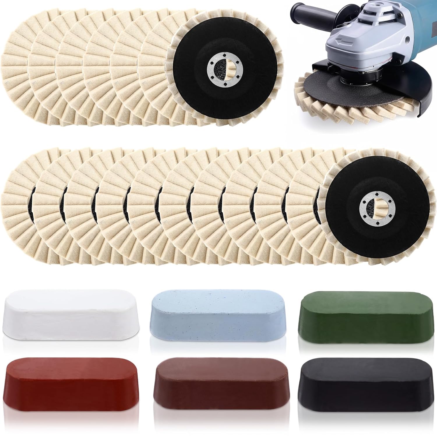 24 Pcs Wool Polishing Wheel Disc and Polishing Compounds Set Includes 18 Buffing Wheels (4-1/2" x 7/8") 6 Buffing Compound Felt Flap Disc for Angle Grinder Aluminum Wood Automotive