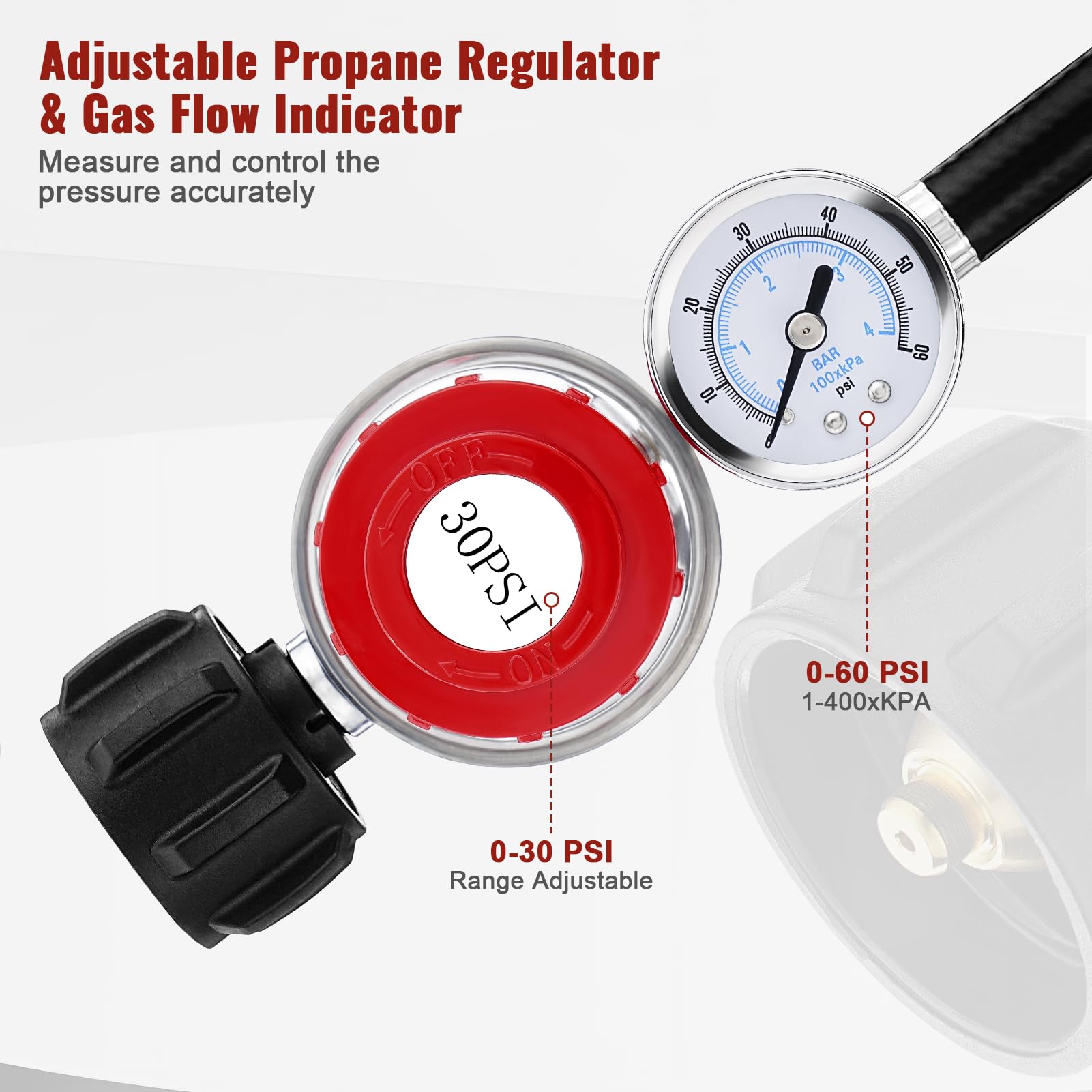 Tuyau Régulateur De Propane Réglable 1,5 M Avec Manomètre 0-30 PSI - Acier Inoxydable, Pour Cuisinière Gaz, Barbecue