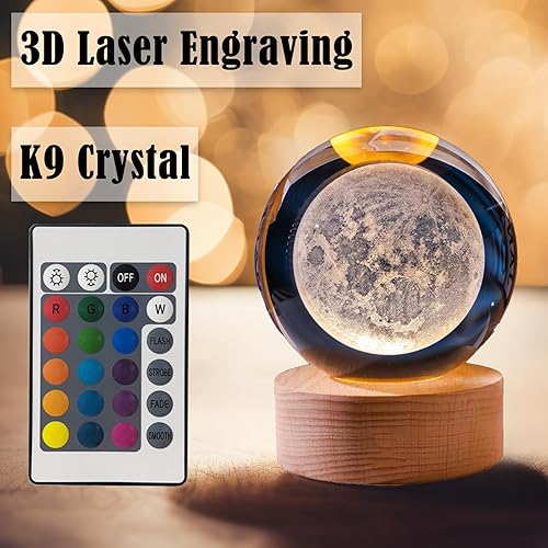 Miniatura 3 de TUUWAI Bola de cristal de luna 3D de 2.36 pulgadas con lámpara LED, base de madera colorida luz nocturna con bola brillante extraíble, luz cambiante
