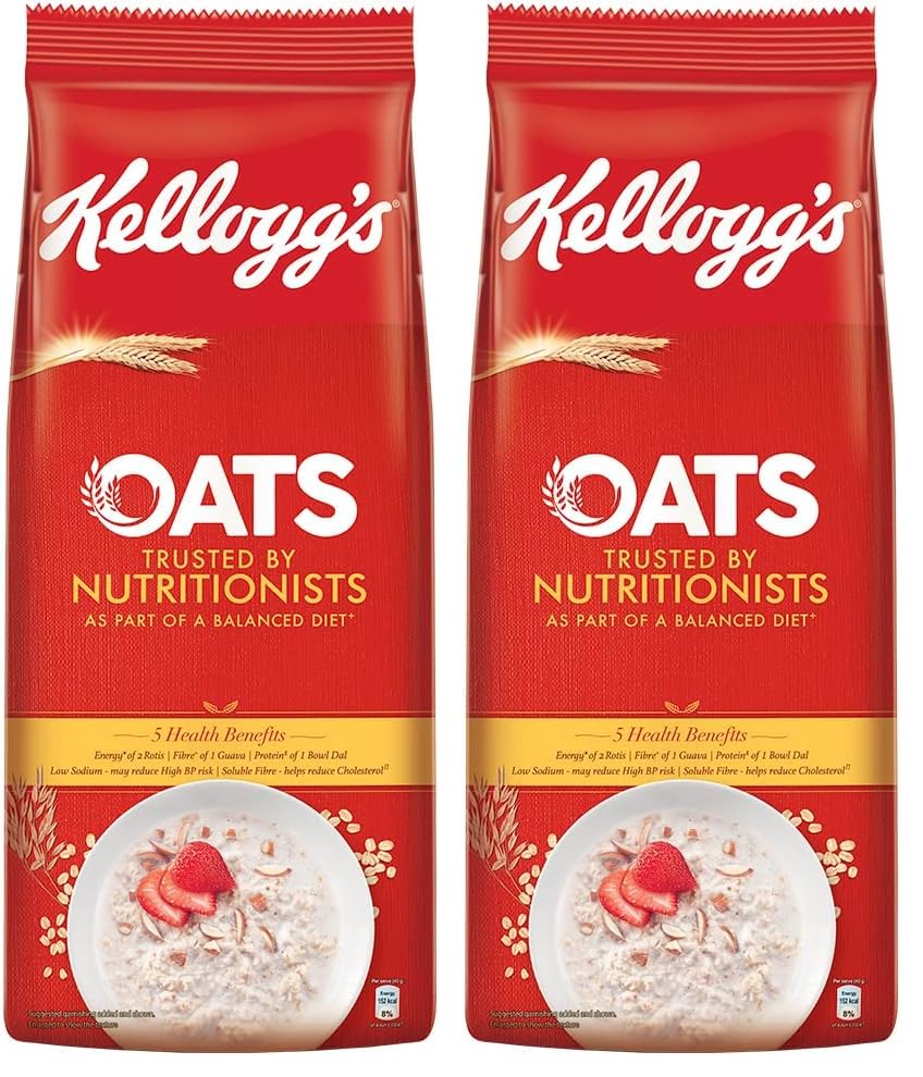 Image of Kellogg's Oats 2kg, Trusted by Nutritionists | Energy of 2 Rotis, Protein of 1 Bowl Dal, Fibre of 1 Guava, High in Protein & Fibre, Low in Sodium | Breakfast Oats (Pack of 2)