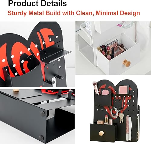 Vista 7 de Organizador de mesa de metal independiente, elegante organizador de escritorio de maquillaje con ganchos para cajones, ranura trasera, decoración