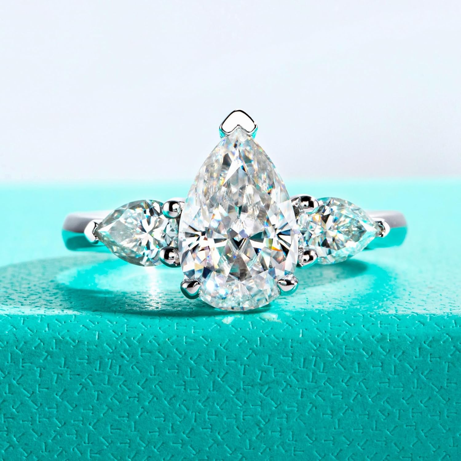 AnuClub Pear Cut Moissanite Engagement Ring 4cttw(3CT Center Stone) D Color VVS1 925 Sterling Silver 3 Stones Promise Wedding Rings for Women with Certificate Size 8