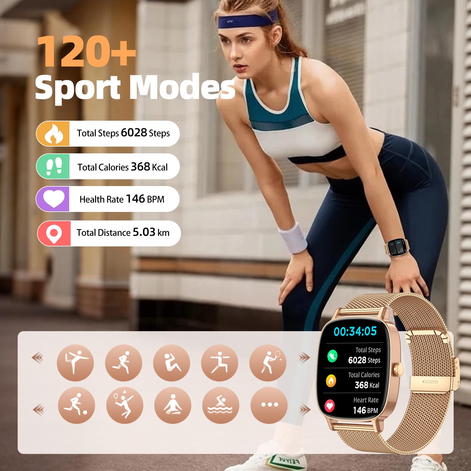 Smartwatch Donna,2 Cinturini,Risposta/Effettuazione Chiamate,Schermo Ultra Nitido1.85'' HD,Fitness Tracker Frequenza Cardiaca/Sonno/SpO2,Compatibile IOS/Android,120+Modalità Sportive,IP68 Dorato