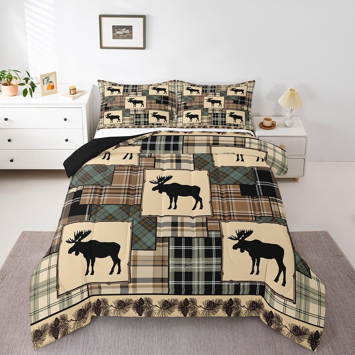 Erosebridal Farmhouse Decor,Rustic Moose Quilt Queen Size,Deer Hunter Comforter Set for Kids Teens Adult,Woodland Wildlife Bedding Set Patchwork Duvet Insert Brown Green Buffalo Checked Plaid Decor