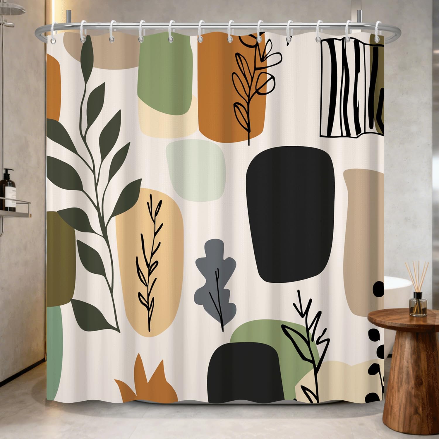 Abstract Geometric Botanical Shower Curtain with Hooks – Mid-Century Modern Boho Shower Curtain for Bathroom Decor, Neutral Waterproof Fabric Bath Tub Curtain, 71x74 Inch