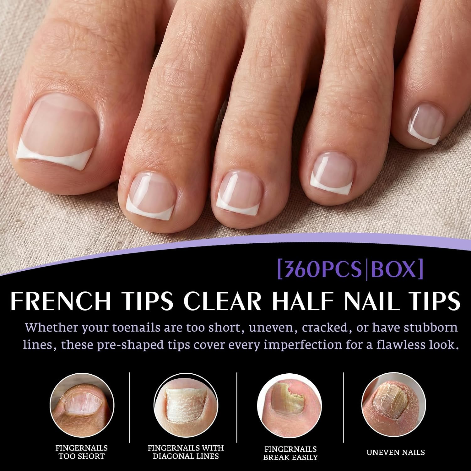 White French Tip Half Cover Toe Nail Tips,Clear Press on Toenails